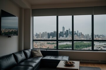 A large city view is seen through a window in a living room. The city is filled with tall buildings and a river runs through it. A black leather couch is placed in front of a large flat screen TV
