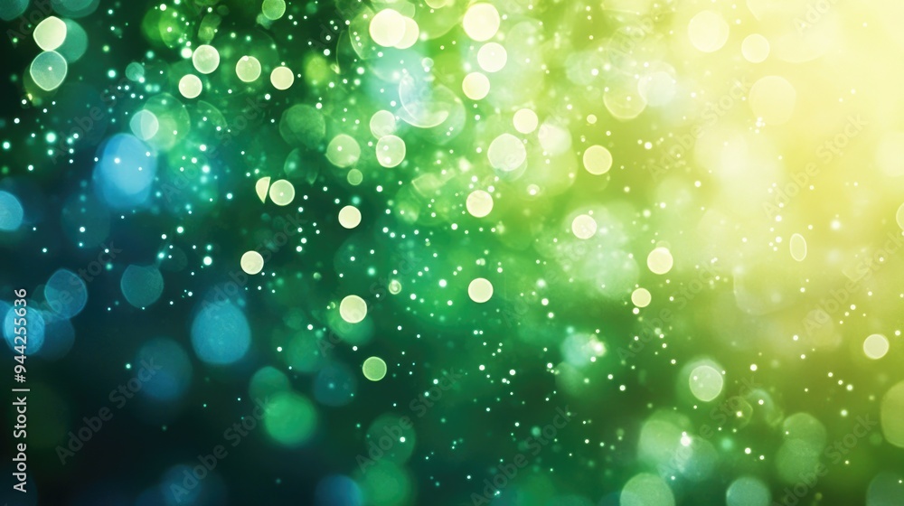 Poster abstract background in green and blue featuring bokeh effect with soft defocused lights