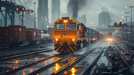 Industrial Train  Locomotive  Railway Tracks in Rainy Cityscape