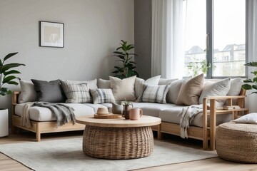 Modern Living Room with a Sectional Sofa, Wicker Coffee Table, and Plants