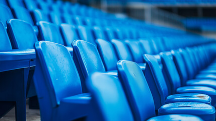 Blue seats in an outdoor stadium, rows of seats, advertising photography
