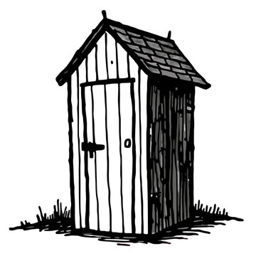 recommend clip art: Rustic Relief: A charming, hand-drawn outhouse stands weathered yet sturdy, a nostalgic reminder of simpler times.