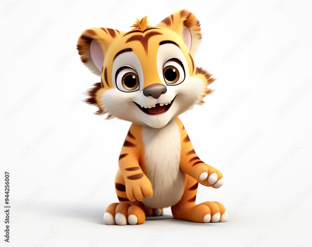 Wall mural 3D funny tiger cartoon on white background. Wildlife celebration time