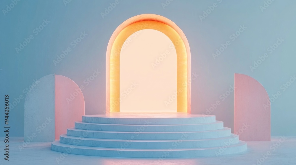 Poster abstract composition featuring geometric shapes in a 3d render an empty podium with staircase golden