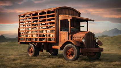Obraz premium Professionally crafted 3D wooden model of Livestock Transport Truck. 