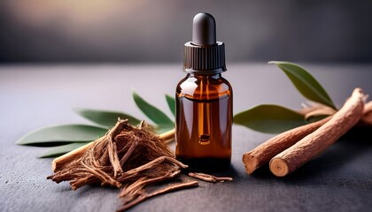 sandalwood essential oil in a dark glass bottle
