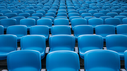 Blue seats in an outdoor stadium, rows of seats, advertising photography