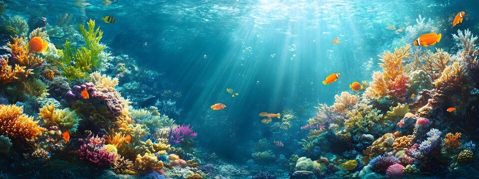 Underwater coral reef with colorful fish and sea life, a vibrant marine landscape. An ocean underwater scene with sunlight filtering through the water
