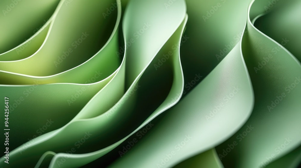 Poster abstract green backdrop featuring curved folded paper textures close up of layered fabric design in 
