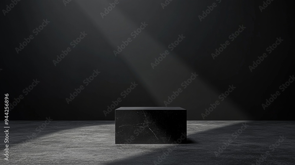 Aufkleber black geometric block pedestal against a broad dark background with a mockup space 3d rendering