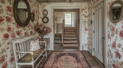 french country entryway, french country entryway with vintage bench, floral wallpaper, and antique mirrors creates warm welcome for guests