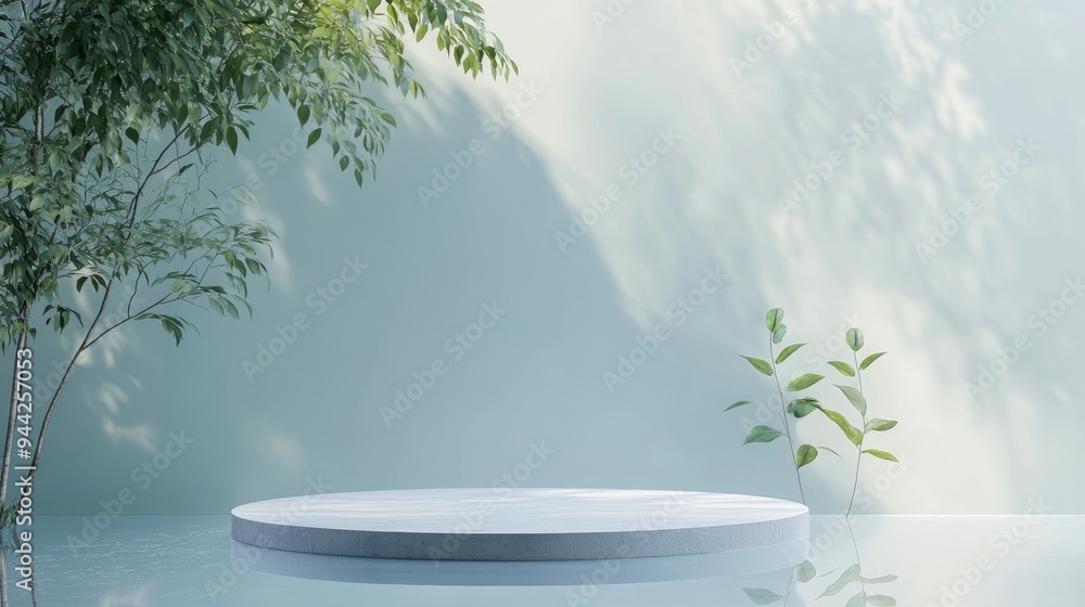 Poster abstract natural scene featuring a podium for product display set against a frosted glass background