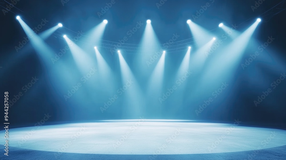 Poster bright white lights with a blue background spotlights highlight an empty stage in an abstract settin