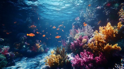 Fototapeta premium Underwater coral reef with colorful fish and sea life, a vibrant marine landscape. An ocean underwater scene with sunlight filtering through the water