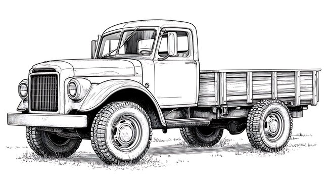 Naklejki A vintage black and white line drawing of a pickup truck with a wooden bed.