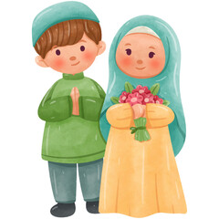 Muslim kids Celebrate Eid Al-Fitr Watercolor