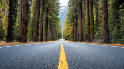 Fototapeta premium Empty road lined with towering pine trees, peaceful and isolated