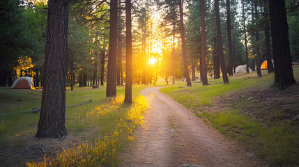 Fototapeta premium Dirt path leading to a campsite in pine forest, rustic and inviting