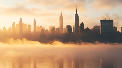 Obraz premium City skyline with morning haze, Monday morning, urban awakening
