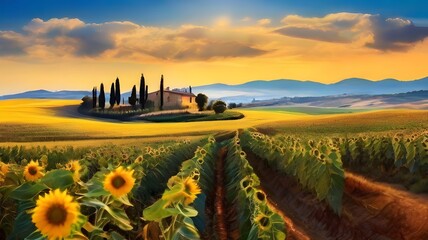 sunset in region and sunflowers