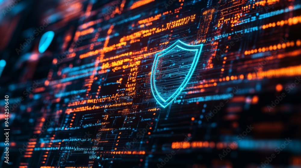 Poster Abstract digital shield on a circuit board glowing with blue and orange lights, representing cybersecurity and digital protection. Emphasizing network security and data defense.