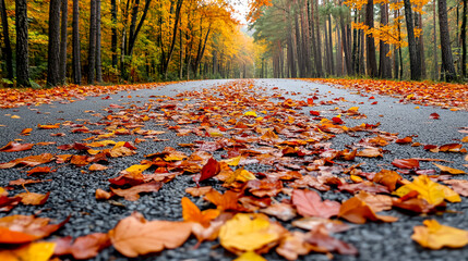 Autumn leaves covering a road in pine forest, vibrant and colorful