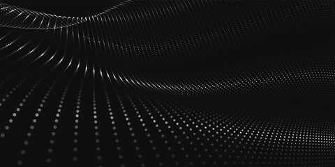 Futuristic dot wave. Abstract digital particle wave. Technology background. Black and white musical wave. Dark background. Digital background with smooth wavy curves. 3D rendering.