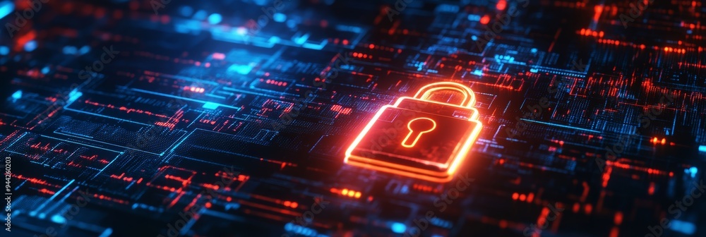 Poster Glowing neon lock icon on a digital circuit board background with blue and red highlights. Concept of encrypted digital security and cybersecurity.