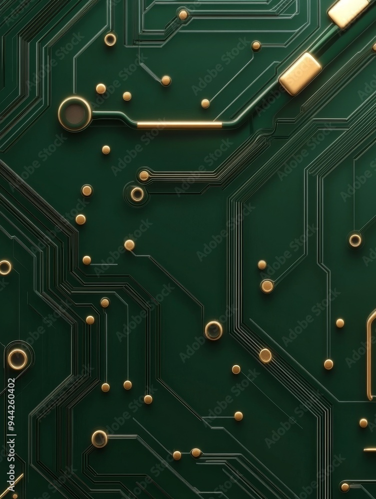 Wall mural A close-up of a futuristic circuit board with intricate patterns and lines, featuring a green background and gold accents. This image evokes concepts of technology, innovation, connectivity, and abstr