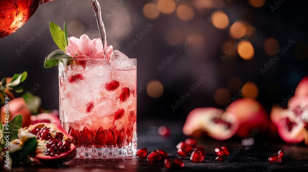 Poster A close-up of a refreshing pomegranate cocktail being poured into a glass filled with ice. The drink is garnished with a pink flower and fresh mint leaves. This image symbolizes summer, celebration, i