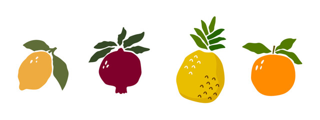 tropical fruits set paper cut style Matisse isolated on white background. lemon, pomegranate, pineapple, orange