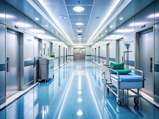 Spotless hospital corridor with sparkling floors, shining metal equipment, and fresh linens, emphasizing the importance of cleanliness and hygiene in a medical environment.