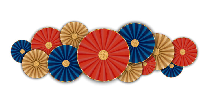 Oriental Asian style paper fan, Graduation paper party fan. realistic Red Blue and Gold 3D decor, vector illustration