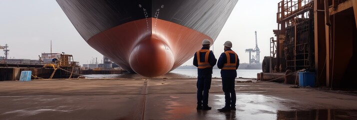 Two dock workers closely examine the bow of a docked ship, conducting essential safety checks and procedures.