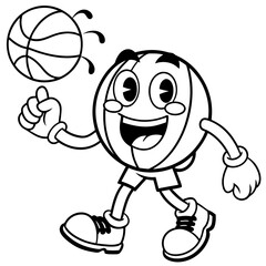 Line art cartoon walking smiled basketball mascot  surrounded by smiled elements and motivation lettering vector white background