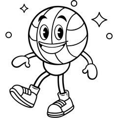 Line art cartoon walking smiled basketball mascot  surrounded by smiled elements and motivation lettering vector white background