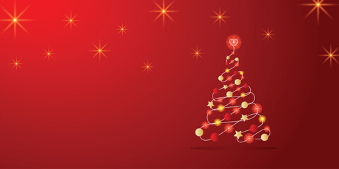 Golden sparkles christmas tree on red background Glittering lights balls in form of Christmas tree with bright shining and glowing stars Copy space for greeting text Xmas tree with decorations garland