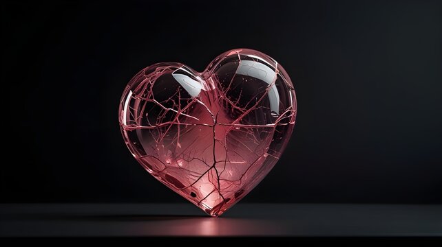 A broken cracked pink heart with shattered glass-like pieces against a black background, space for copy