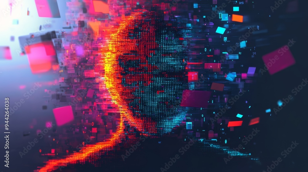 Leinwandbilder Fragmented digital head with binary code representing cyber security and data encryption.