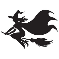 Mythical characters for Halloween, Silhouette witch flies on a magic broomstick