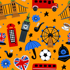 Bright cheerful children seamless vector pattern with symbols of the Great Britain. London. Union Jack, Big Ben, London Bridge, bus. United Kingdom landmarks. Childish travel background