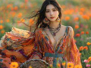 Elegant Woman in Floral Dress in Blooming Field
