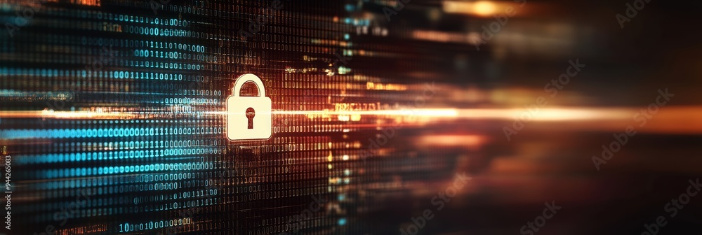 Poster Glowing lock icon in binary code matrix, representing digital security and cyber protection.