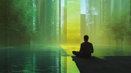 Silhouette of a person meditating in a futuristic green cityscape with tall buildings and trees