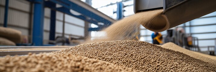 Large grains being processed and sorted in an industrial facility, symbolizing efficiency in food manufacturing.