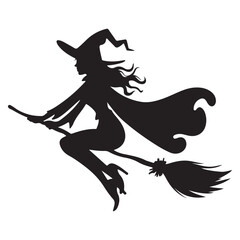 Mythical characters for Halloween, Silhouette witch flies on a magic broomstick