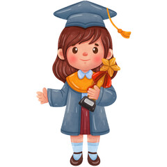 Cute Graduation Girl Holding Trophy Watercolor Illustration