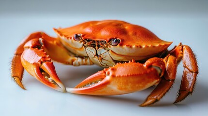 Steamed crab close-up, showcasing the bright orange-red shell and juicy meat, beautifully arranged on a plain white background, no people.