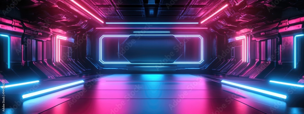 Aufkleber 3D rendering of a neon metal texture on an empty stage set against a futuristic science and technology background