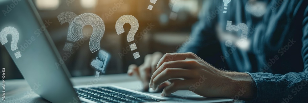 Poster Woman working on a laptop with digital question marks around her head. Concept of problem-solving and finding answers.